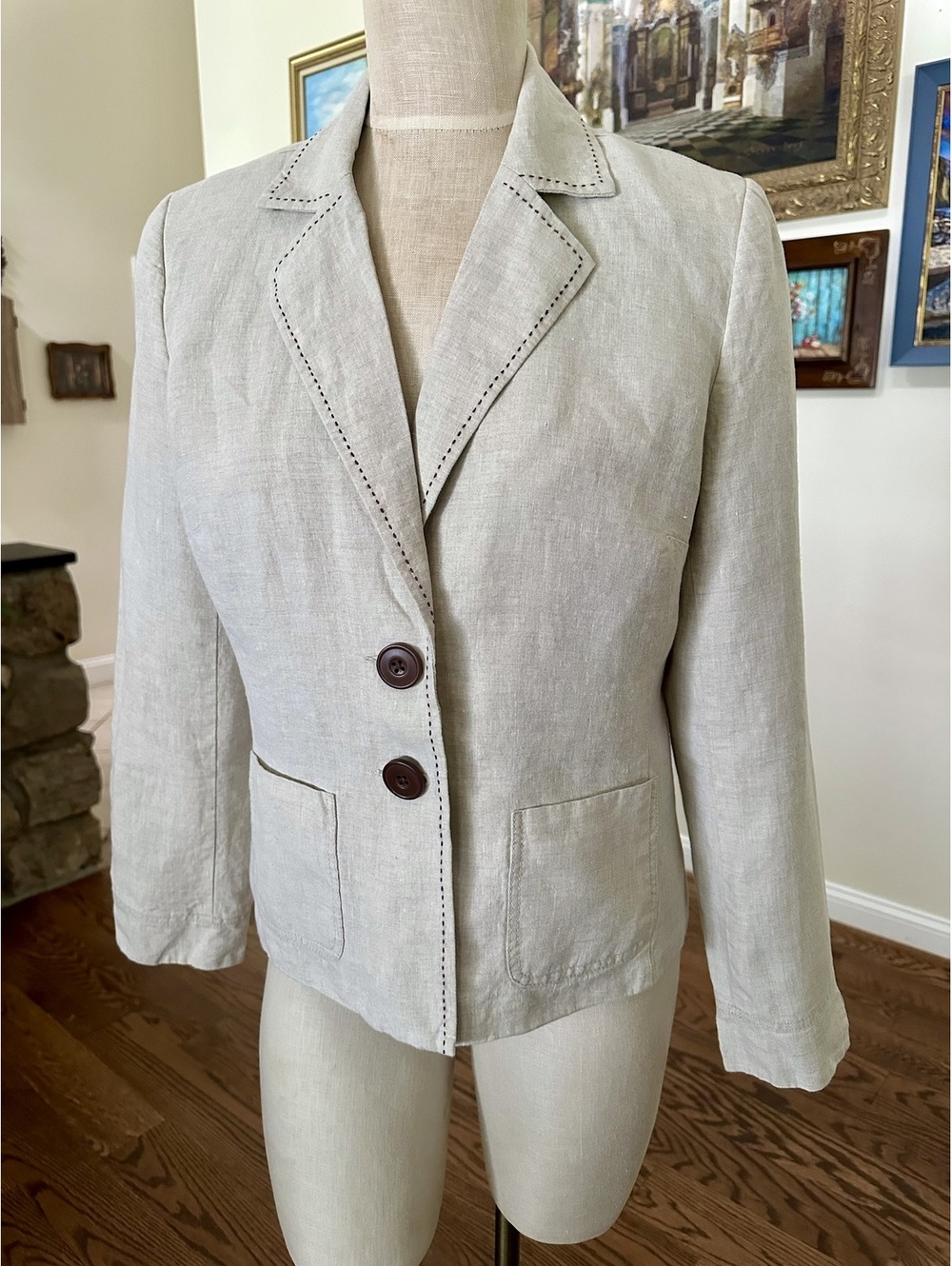 Beige Linen Blazer Contrast Stitching Fully Lined